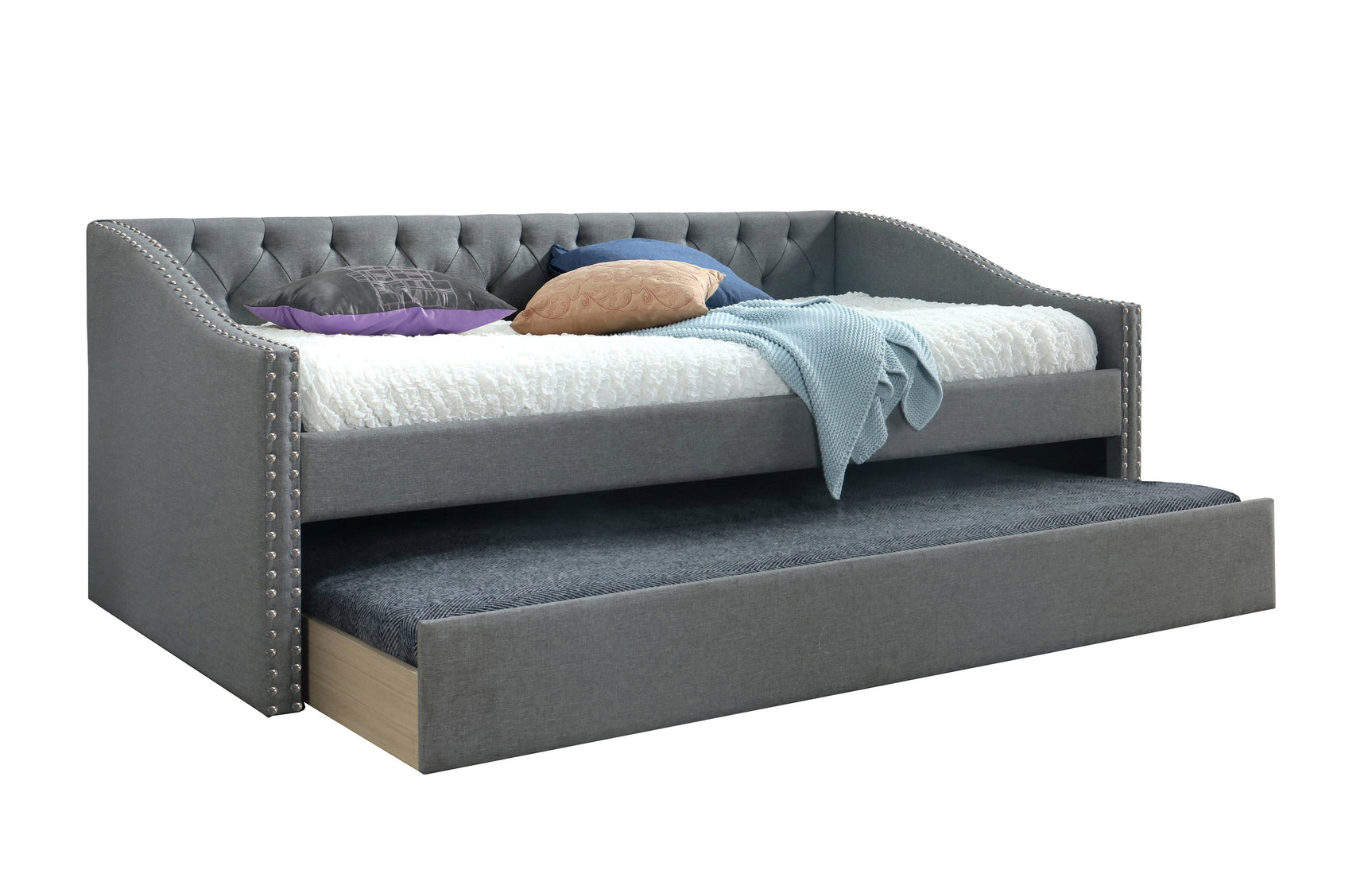 Wooden frame and arm details of Loretta Gray daybed