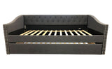 Close-up of tufted upholstery on Loretta Gray daybed
