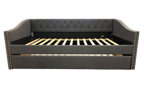 Close-up of tufted upholstery on Loretta Gray daybed