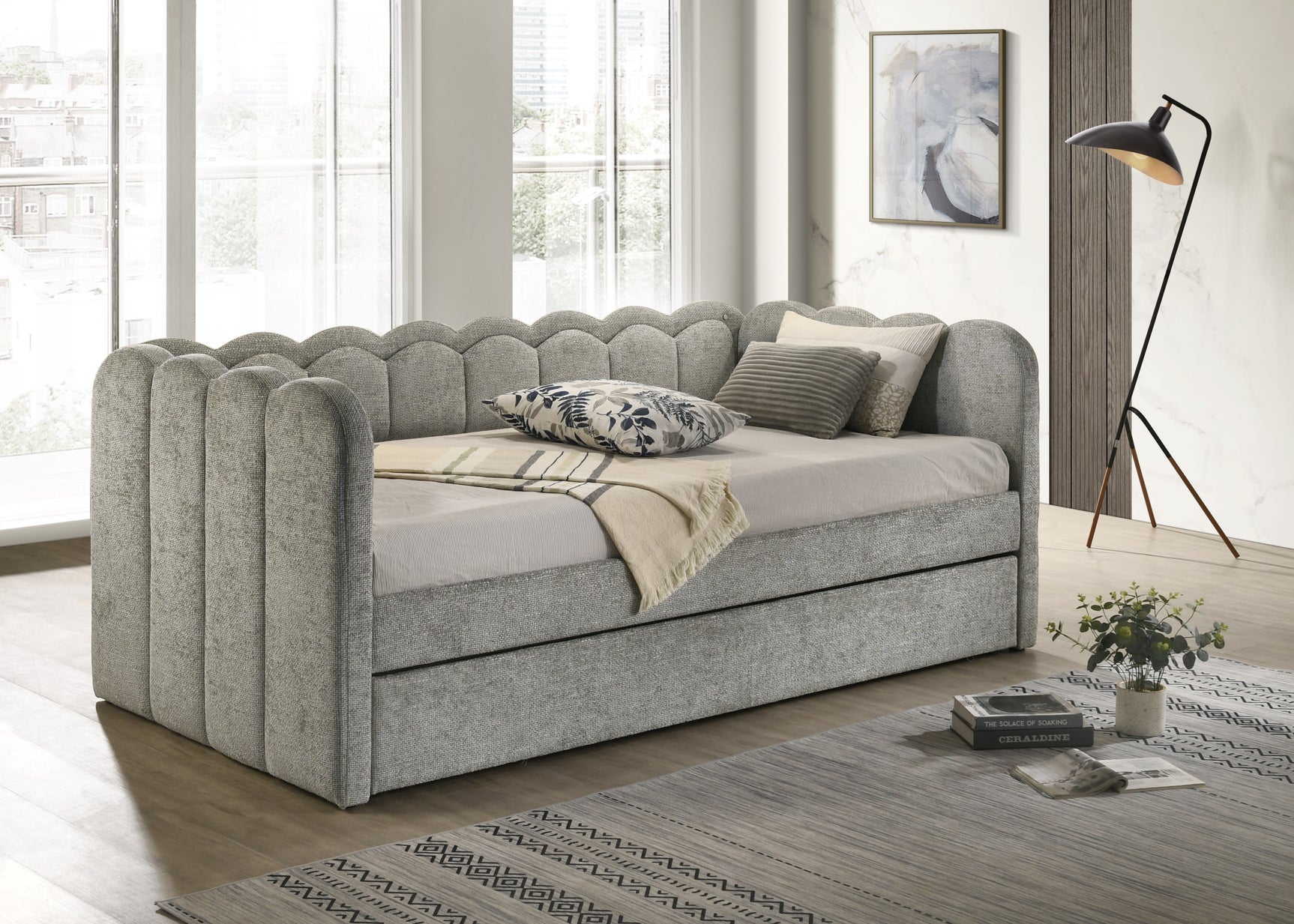 Left side view of Melody Light Gray LED Upholstered Daybed