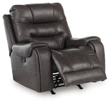 Femley Smoke Faux Leather Recliner fully reclined side view