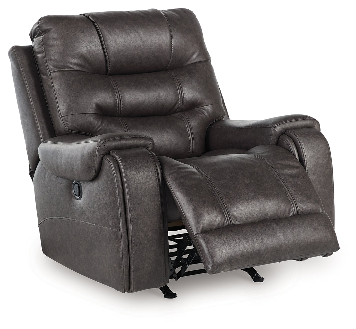 Femley Smoke Faux Leather Recliner fully reclined side view