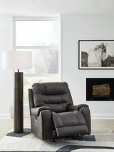 Femley Smoke Faux Leather Recliner partially open side view