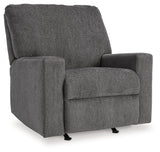 Side view of Rannis Pewter Chenille Recliner reclined position
