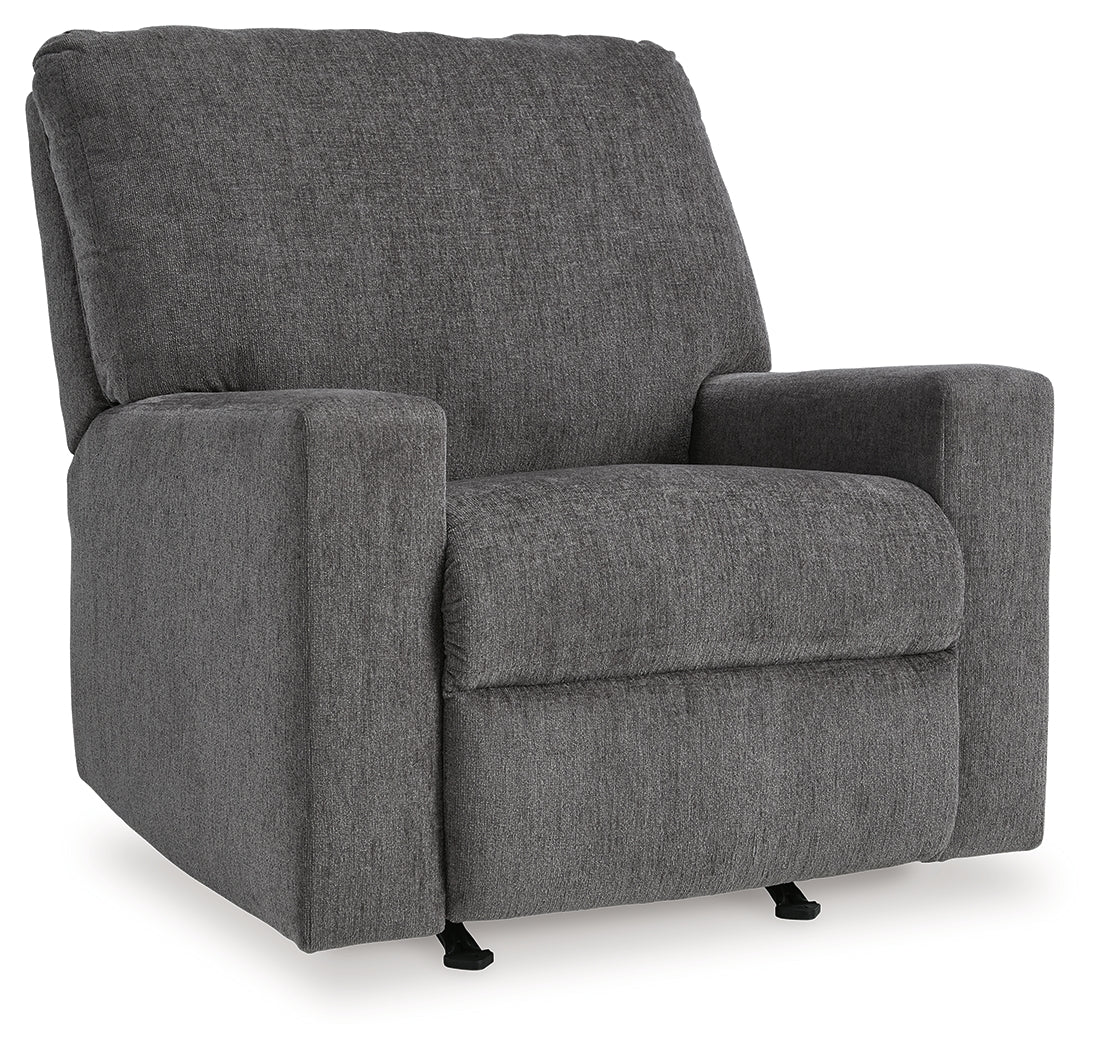 Side view of Rannis Pewter Chenille Recliner reclined position