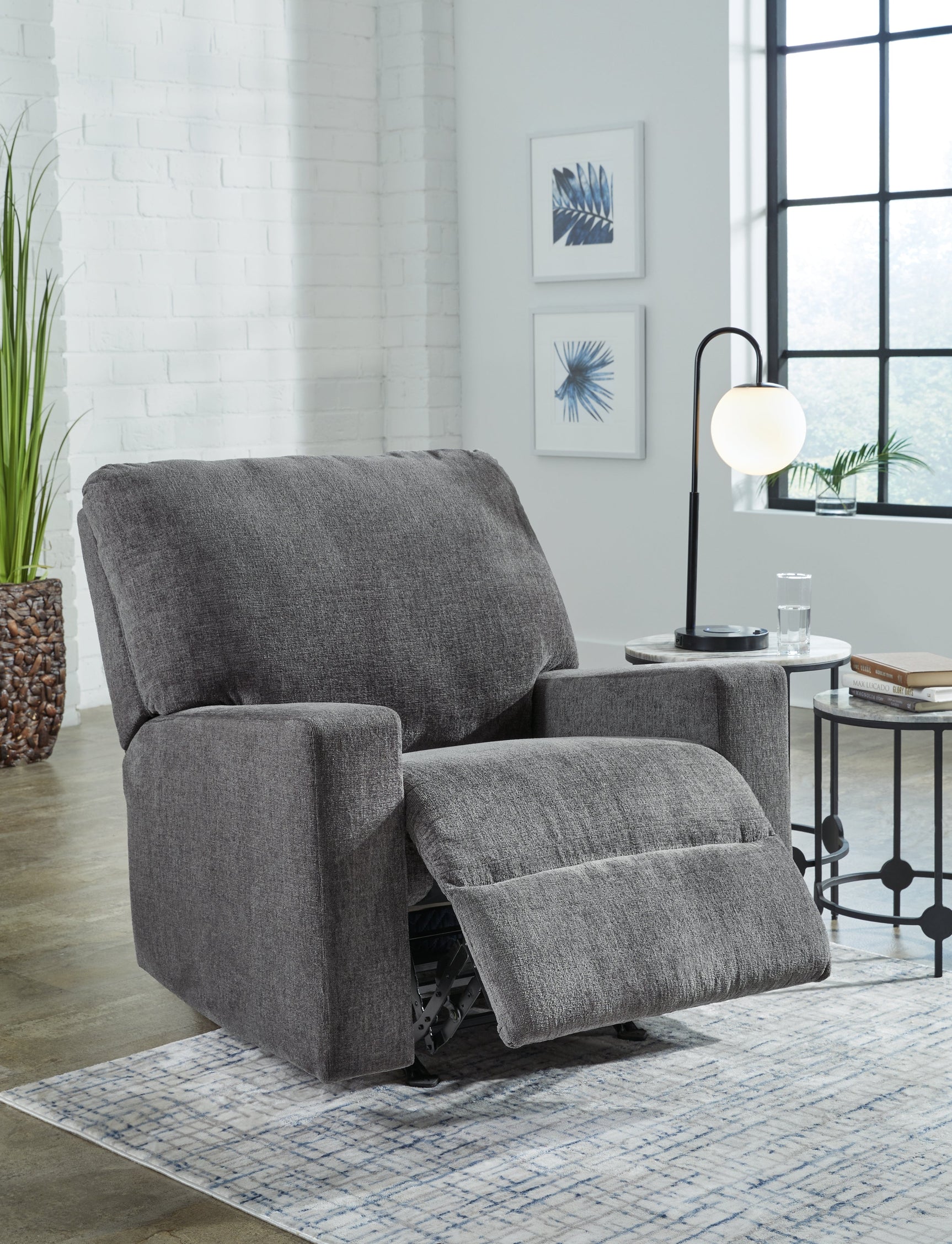Open reclining position of Rannis Pewter Chenille Recliner