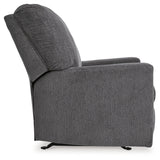 Side profile of Rannis Pewter Chenille Recliner upright