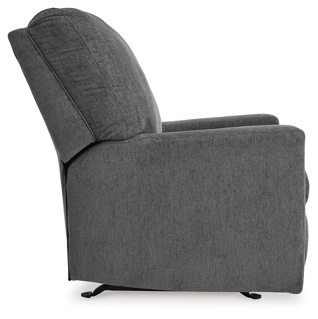 Side profile of Rannis Pewter Chenille Recliner upright