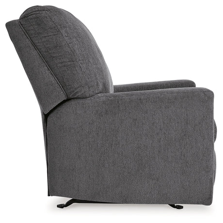 Side profile of Rannis Pewter Chenille Recliner upright