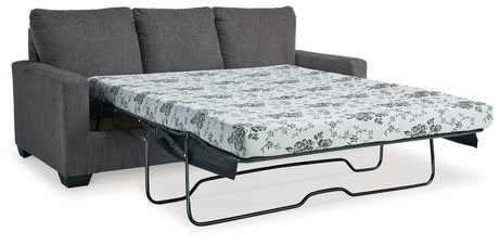 Rannis Pewter Chenille Queen Sofa Sleeper open with mattress visible