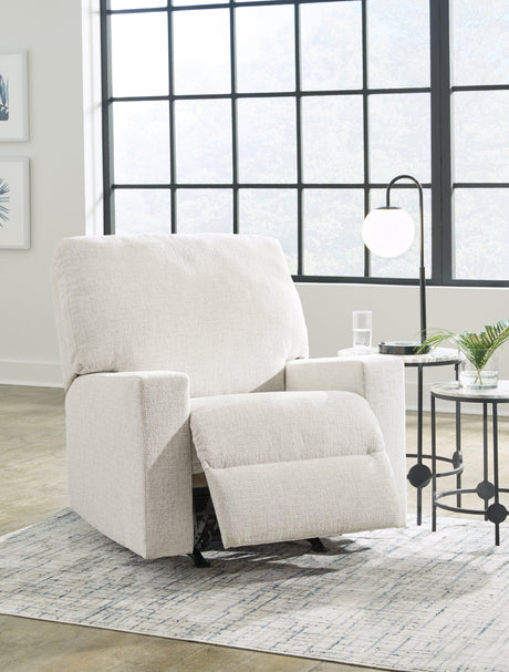 Fully reclined view of Rannis Snow Chenille Recliner chair