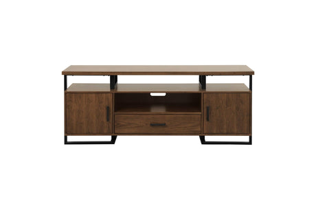 Sedley TV Stand Side View with Dark Walnut Veneer and Metal Accents
