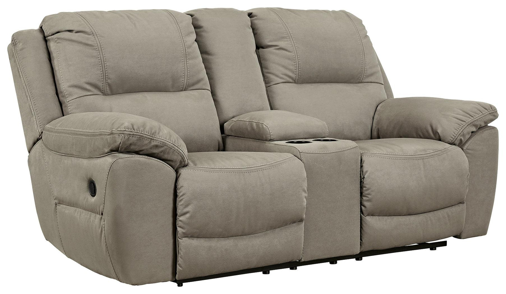 Next-Gen Gaucho putty microfiber reclining loveseat side angle with console closed