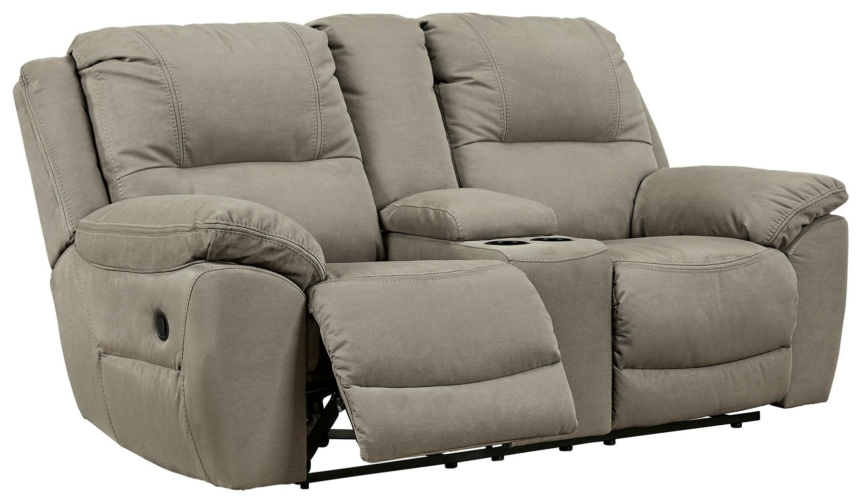 Next-Gen Gaucho putty microfiber reclining loveseat side angle with footrest extended