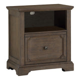 Side view of Toulon dark oak file cabinet showing storage cubby
