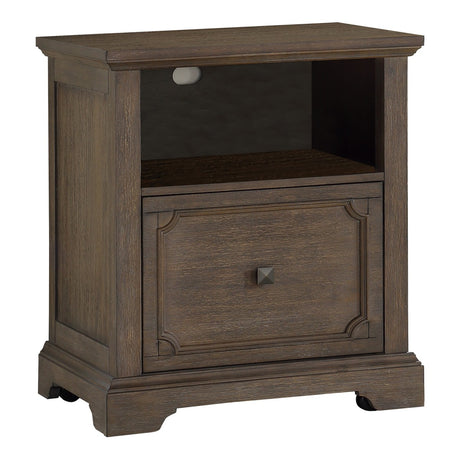 Side view of Toulon dark oak file cabinet showing storage cubby