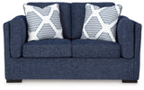 Head-on view of Evansley Navy Sofa and Loveseat