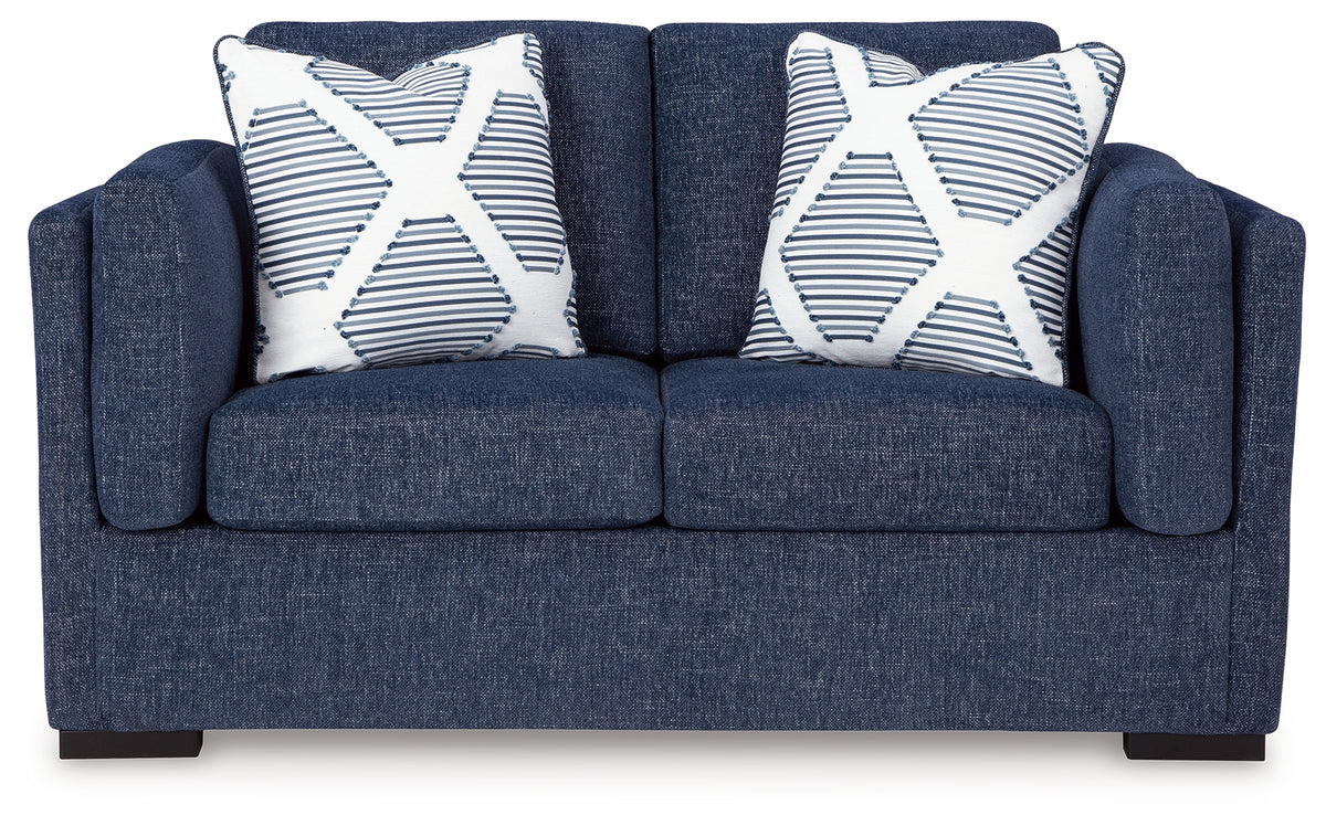 Head-on view of Evansley Navy Sofa and Loveseat