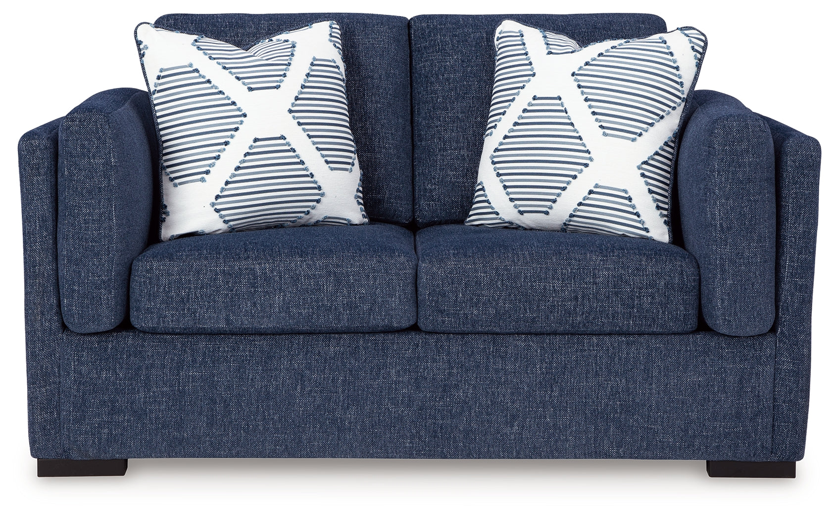 Head-on view of Evansley Navy Sofa and Loveseat