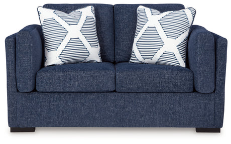 Head-on view of Evansley Navy Sofa and Loveseat