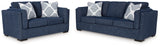 Evansley Navy Sofa and Loveseat side view