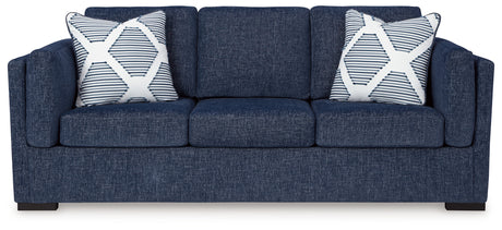 Close-up detail of Evansley Navy Nuvella® Sofa upholstery
