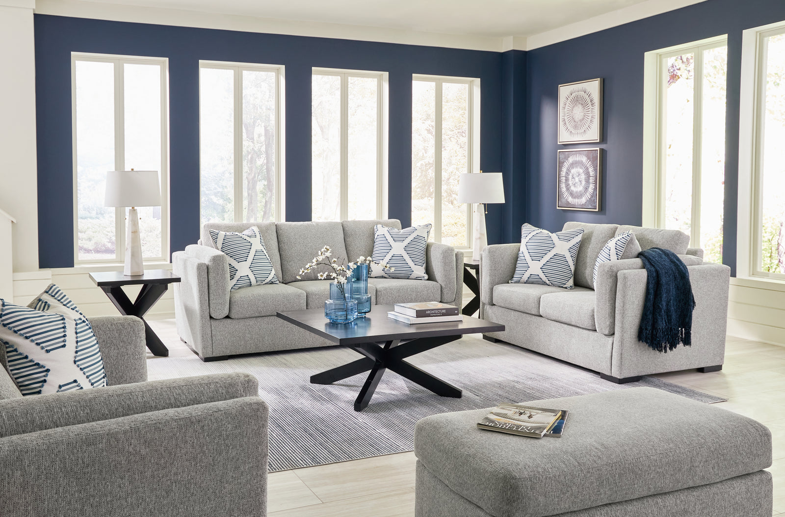 main view of Evansley Pewter Sofa, Loveseat, Chair and Ottoman furniture