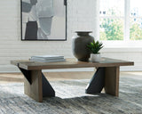 Brown Rustic Oak Veneer Coffee Table with Metallic Leg Blocks — product view
