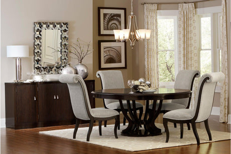 front view of Savion Neutral Espresso Fabric Upholstered Round Dining Room Set with dining table and chairs