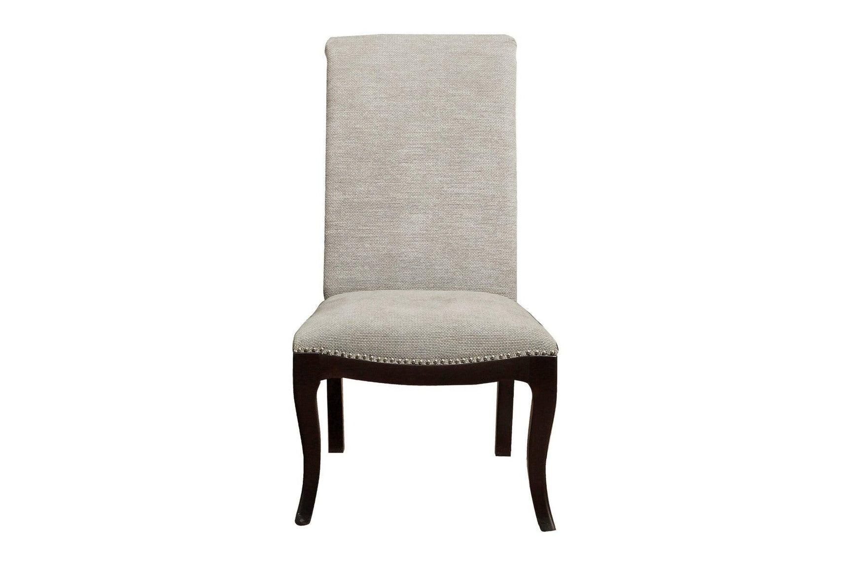 detailed view of espresso wood finish and fabric upholstery in Savion Set
