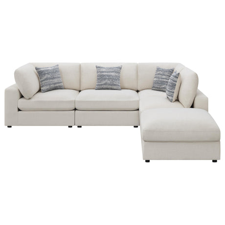 Detail view of beige fabric upholstery and foam cushions on Serene sectional