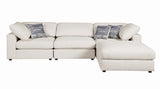 Serene Beige Upholstered Rectangular Ottoman angle showing plastic feet
