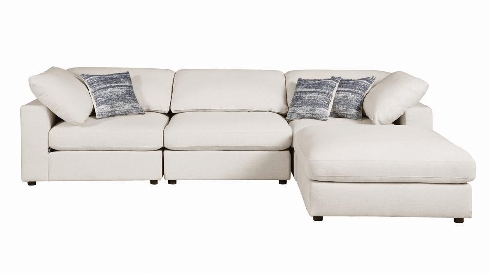 Serene Beige Upholstered Rectangular Ottoman angle showing plastic feet