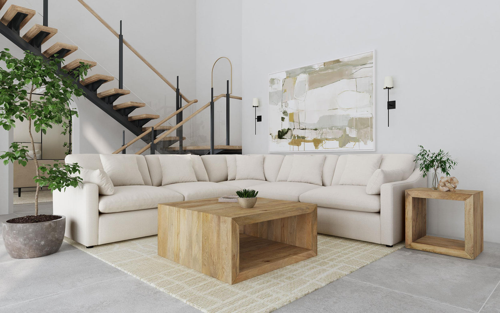 main view of Hobson 5-piece Upholstered Modular Sectional Sofa Ivory sectional sofa