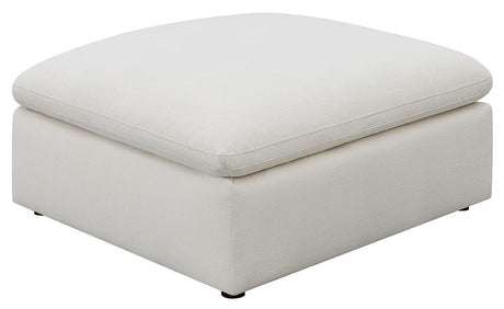 Side view of Hobson off-white cushion seat ottoman showing curved legs