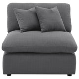 Side view of Hobson charcoal upholstered armless chair