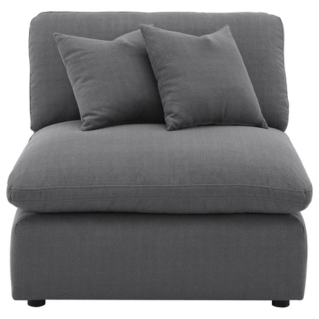 Side view of Hobson charcoal upholstered armless chair