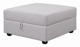 Cambria Grey Square Storage Ottoman angled side view