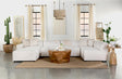Freddie square ottoman in pearl upholstery, side view