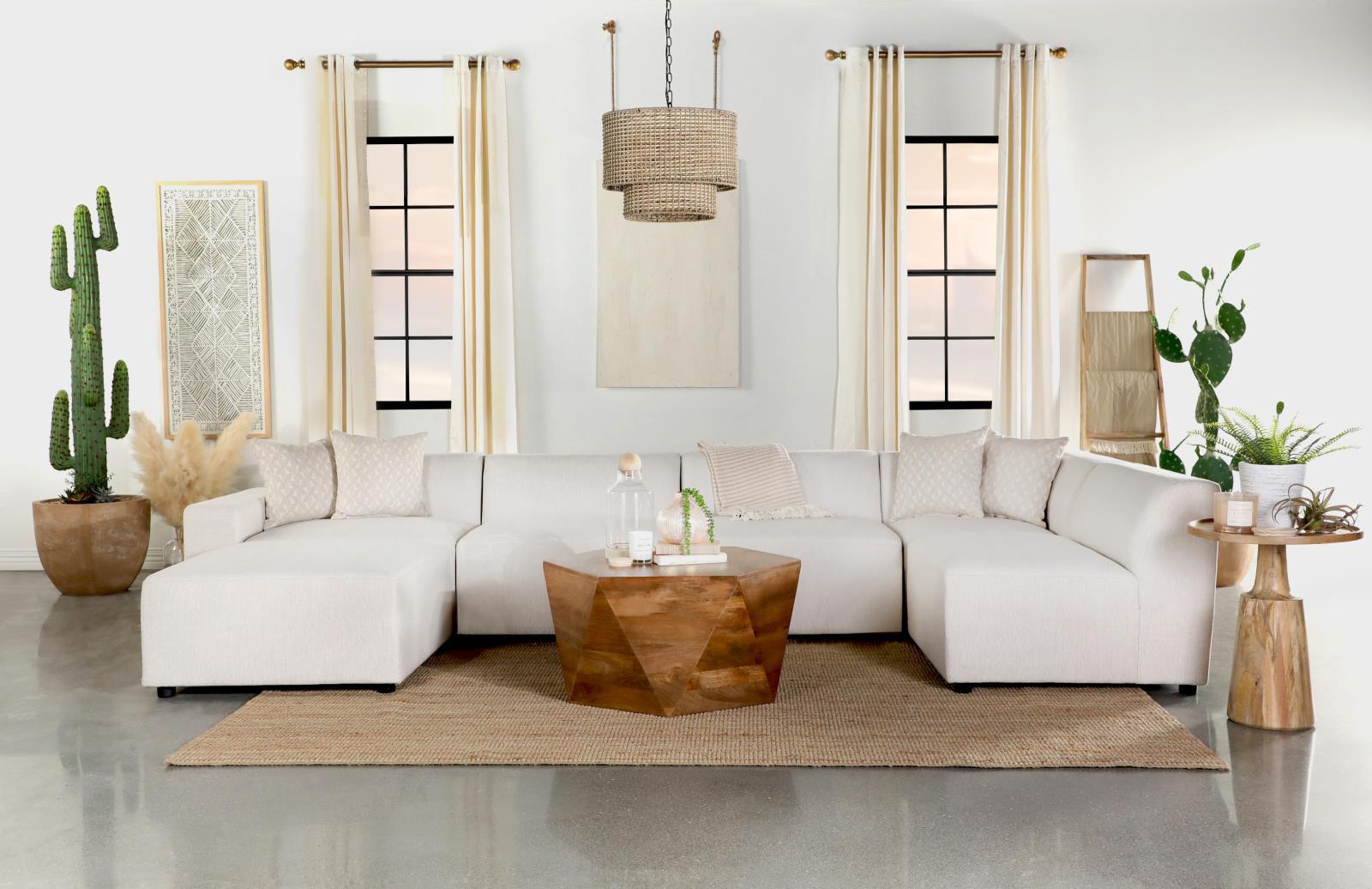 Freddie square ottoman in pearl upholstery, side view