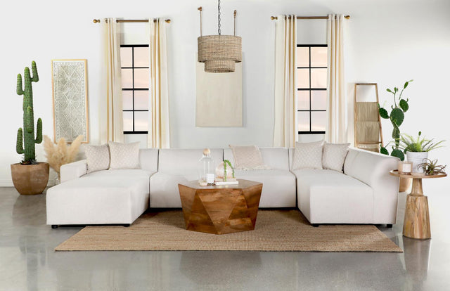 Freddie square ottoman in pearl upholstery, side view