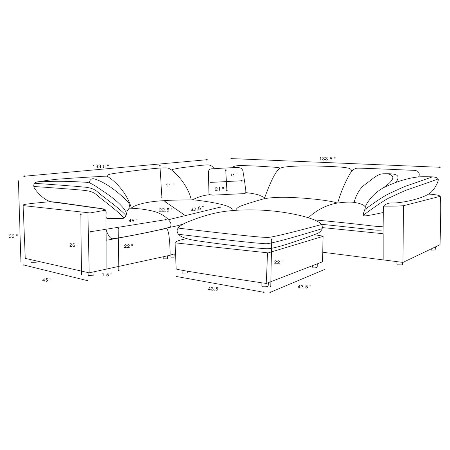 Side view of Raleigh 6-Piece Boucle Upholstered Modular Sectional in grey