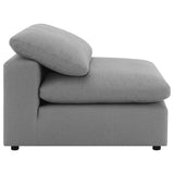 Grey boucle fabric and wood frame on Raleigh Armless Chair