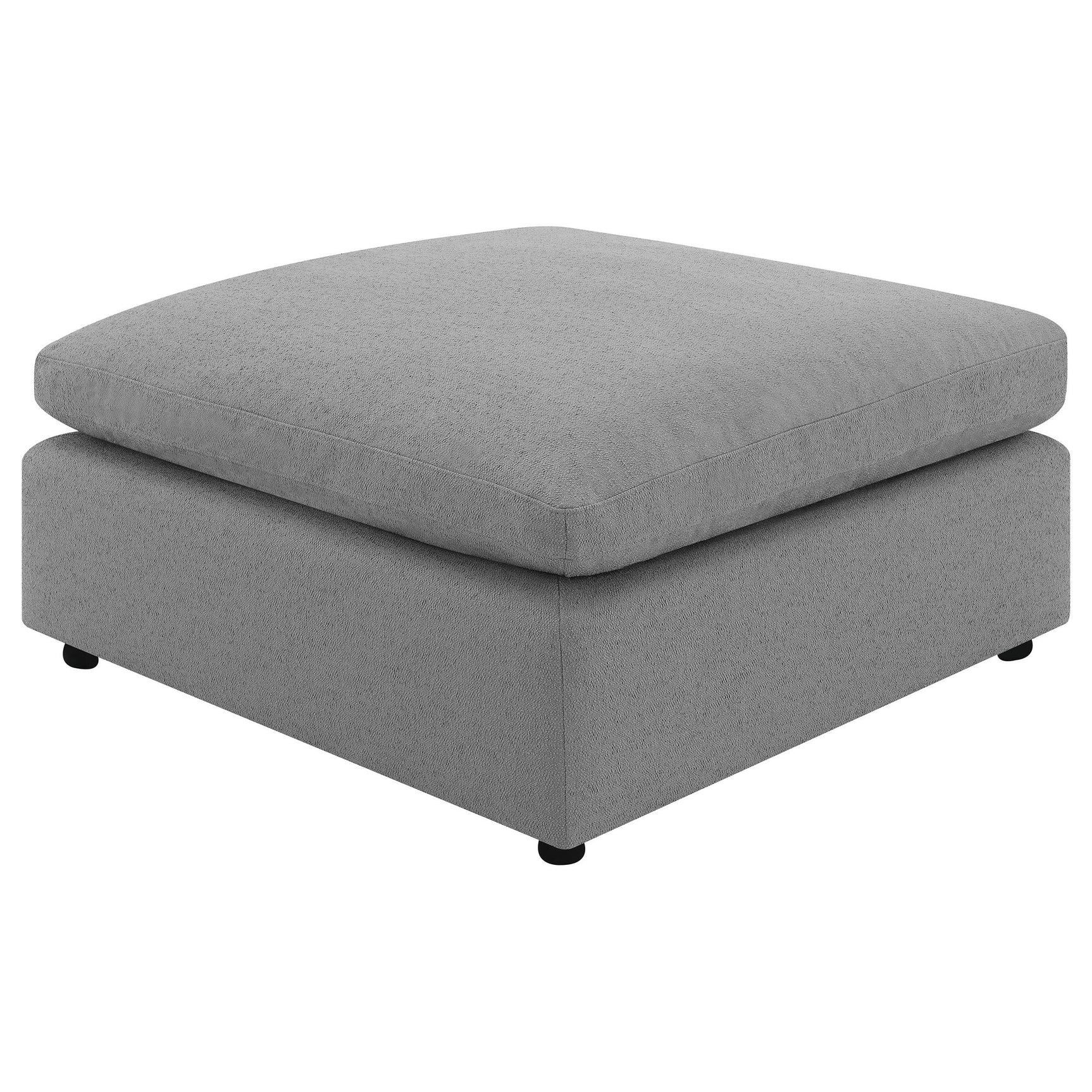 Side view of Raleigh grey boucle upholstered ottoman
