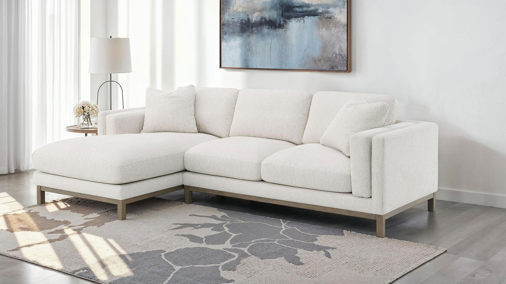 Side view of Geneva Boucle Upholstered Sectional Chaise Sofa sand