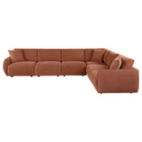 Detail of coral chenille upholstery on Elysia sectional sofa