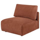 Close-up of coral chenille upholstery and cushion detail