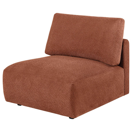 Close-up of coral chenille upholstery and cushion detail