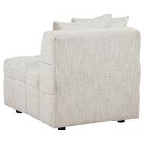 Close-up of tufted fabric seat on Amara Armless Chair