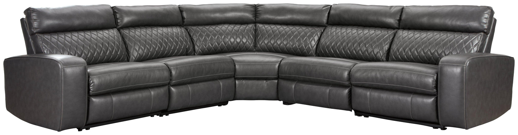 Close-up of diamond stitch gray faux leather upholstery
